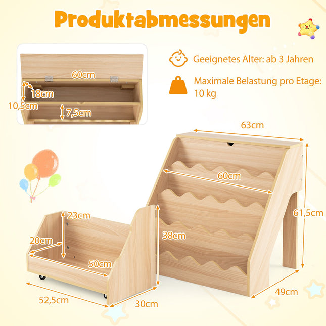 4-Tier Kids Bookshelf with Drawer & Wheels, Natural MDF
