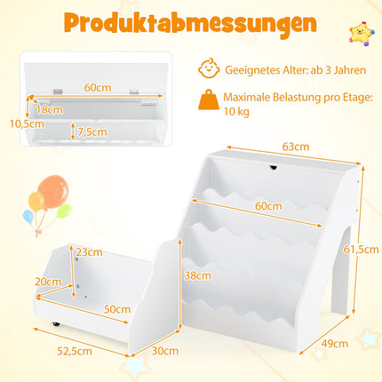 4-Tier Kids Bookshelf with Drawer & Wheels, White MDF