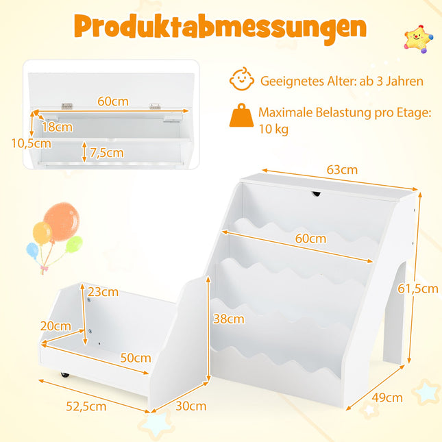 4-Tier Kids Bookshelf with Drawer & Wheels, White MDF