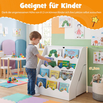 4-Tier Kids Bookshelf with Drawer & Wheels, White MDF