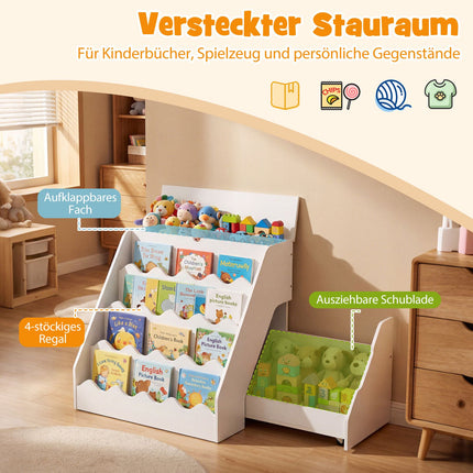 4-Tier Kids Bookshelf with Drawer & Wheels, White MDF
