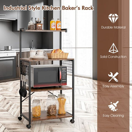 4-Tier Kitchen Baker's Rack With Wheels and Hooks
