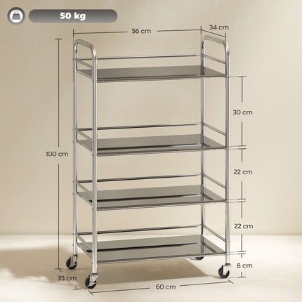 4-Tier Kitchen Cart, Adjustable Shelves, Stainless Steel