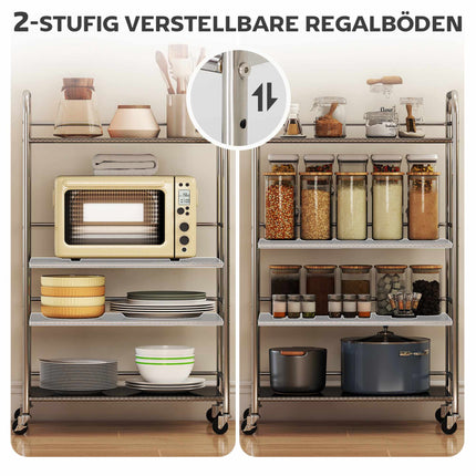 4-Tier Kitchen Cart, Adjustable Shelves, Stainless Steel