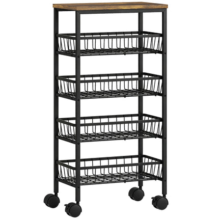 4-Tier Kitchen Trolley with Baskets and Wheels, Brown