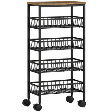 4-Tier Kitchen Trolley with Baskets and Wheels, Brown