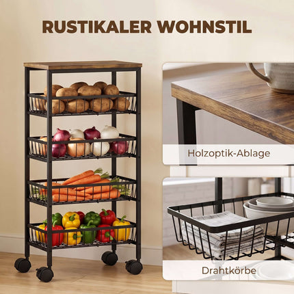 4-Tier Kitchen Trolley with Baskets and Wheels, Brown