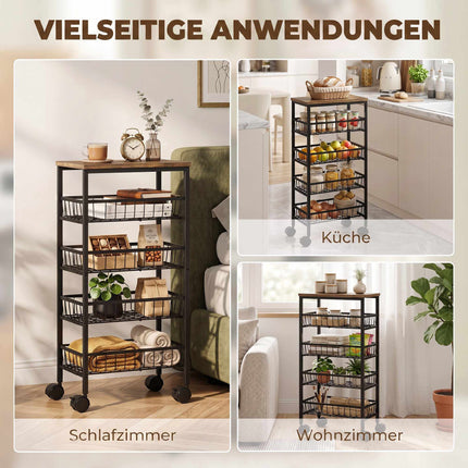 4-Tier Kitchen Trolley with Baskets and Wheels, Brown