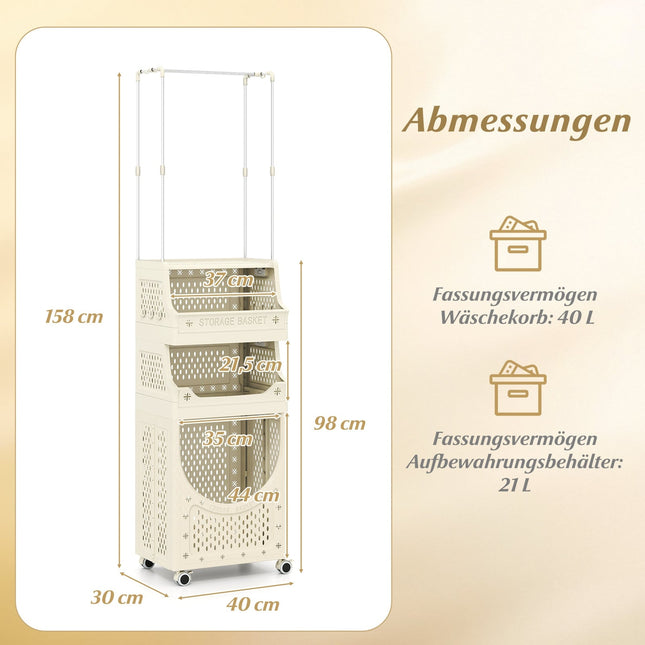 4-laags wasmand met kledingrek, opvouwbaar, beige