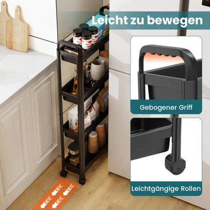 4-Tier Narrow Rolling Kitchen Cart with Handles, Black