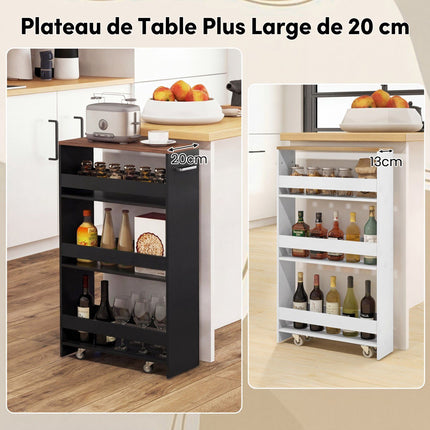 4-Tier Narrow Rolling Storage Cart, 20 cm, Black