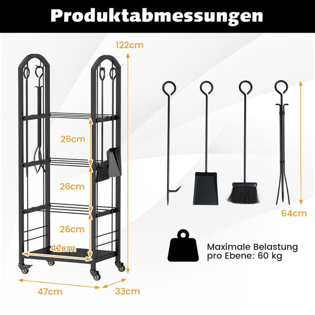 4-Tier Rolling Firewood Rack with Tools – Indoor/Outdoor