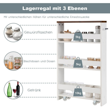 4-Tier Rolling Kitchen Cart with Handle, 48x12.5x81 cm, White