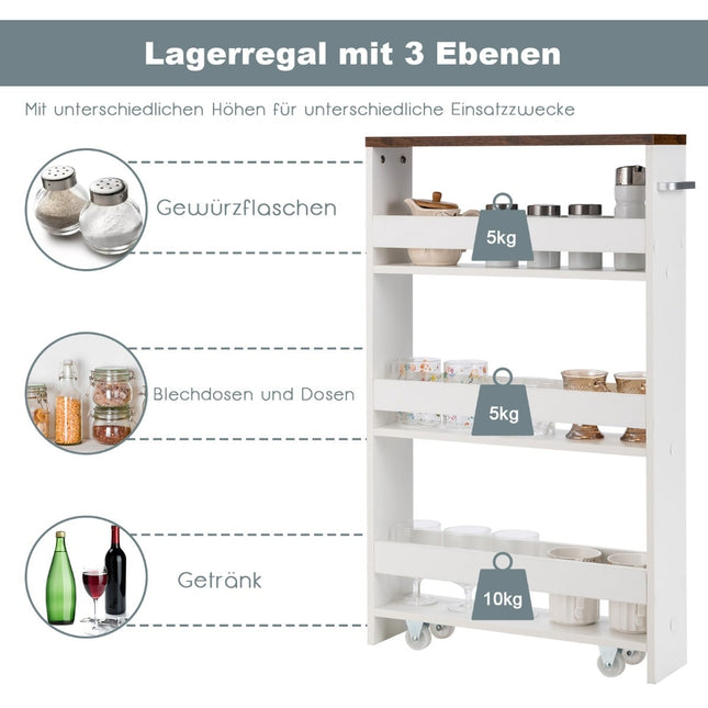 4-Tier Rolling Kitchen Cart with Handle, 48x12.5x81 cm, White