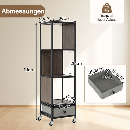 4-Tier Rotating Bookshelf with Wheels and Drawer, Gray