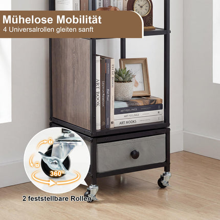 4-Tier Rotating Bookshelf with Wheels and Drawer, Gray