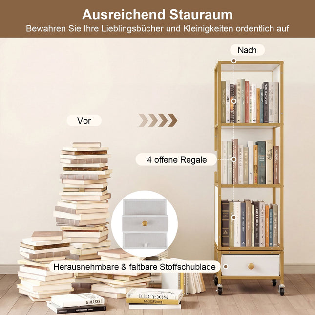 4-Tier Rotating Bookshelf with Wheels and Fabric Drawer