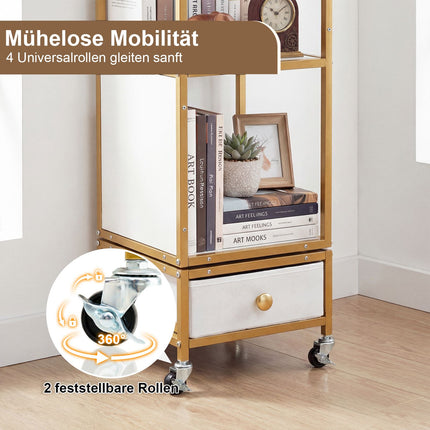 4-Tier Rotating Bookshelf with Wheels and Fabric Drawer