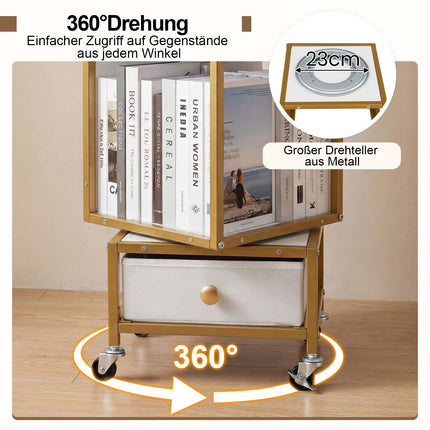 4-Tier Rotating Bookshelf with Wheels and Fabric Drawer