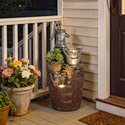 4-Tier Rustic Garden Fountain with LED Lights and Planter