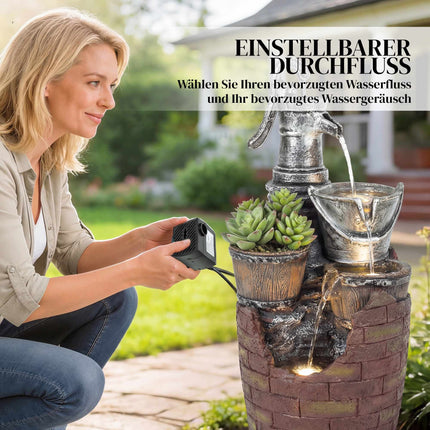 4-Tier Rustic Garden Fountain with LED Lights and Planter
