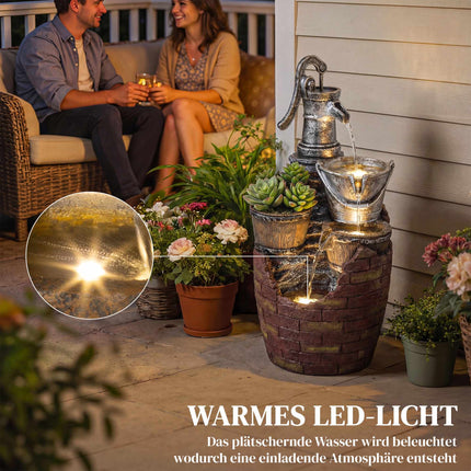 4-Tier Rustic Garden Fountain with LED Lights and Planter