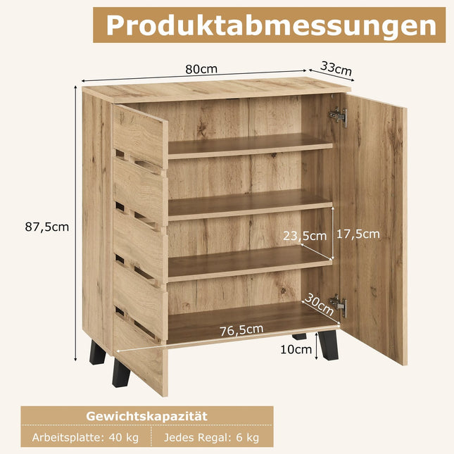 Schoenenkast met 4 lagen, lamellendeuren en verwijderbare planken.