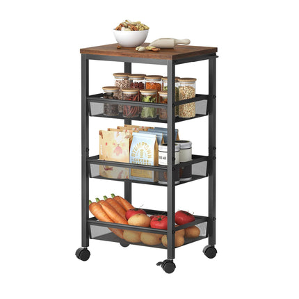 4-Tier Slim Kitchen Trolley – Metal & MDF, Mobile Storage