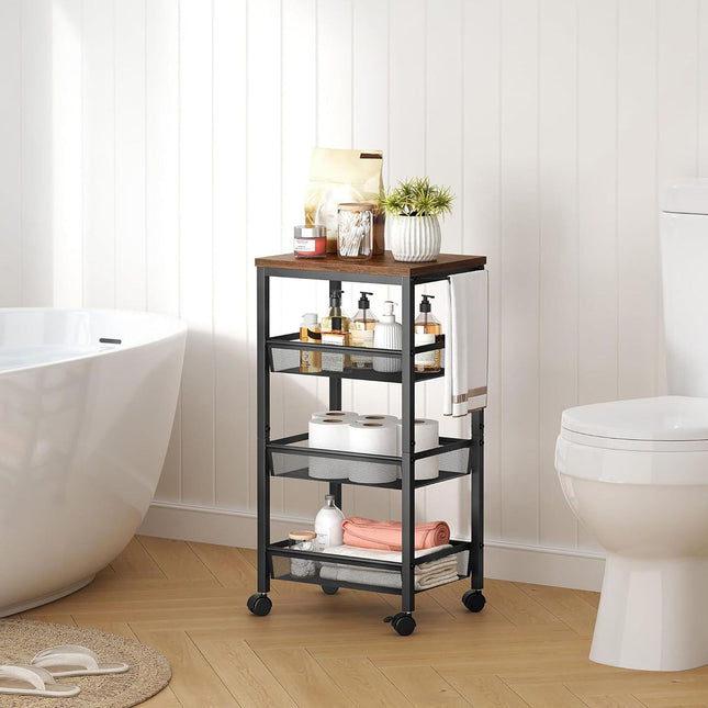 4-Tier Slim Kitchen Trolley – Metal & MDF, Mobile Storage