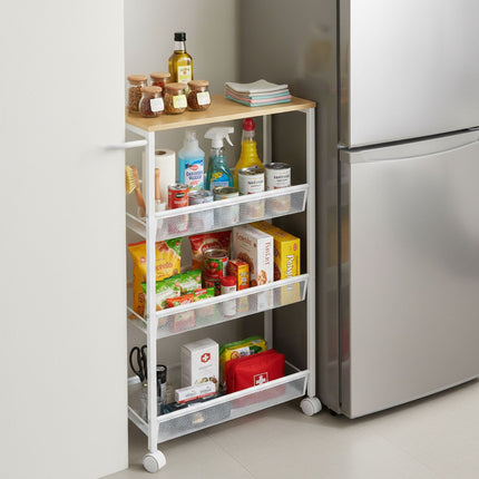 4-Tier Slim Kitchen Trolley – Metal & Wood Finish