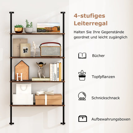 4-Tier Wall-Mounted Ladder Shelf, Wood & Metal, 70x20.5x150 cm