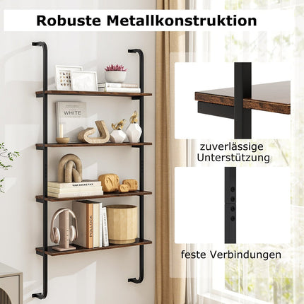 4-Tier Wall-Mounted Ladder Shelf, Wood & Metal, 70x20.5x150 cm