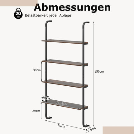 4-Tier Wall-Mounted Ladder Shelf, Wood & Metal, 70x20.5x150 cm