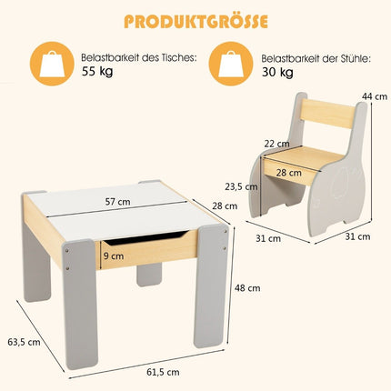 4 in 1 3 pcs. Children's seating group made of wood with removable board and storage space in grey