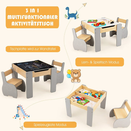4 in 1 3 pcs. Children's seating group made of wood with removable board and storage space in grey