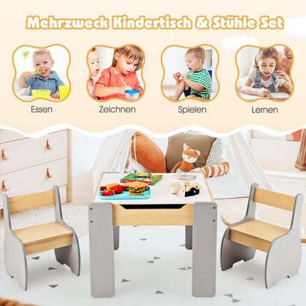4 in 1 3 pcs. Children's seating group made of wood with removable board and storage space in grey