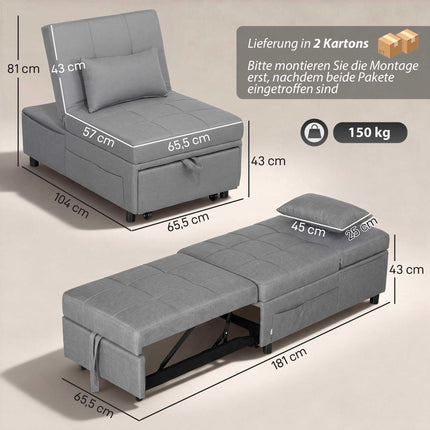 4-in-1 Adjustable Sleeper Chair with Side Pockets, Light Grey