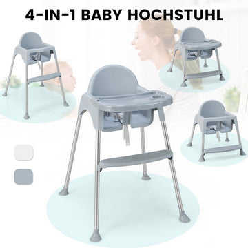 4 in 1 Baby High Chair Made of PP & Stainless Steel High Chair Convertible with Removable Double Tray Gray