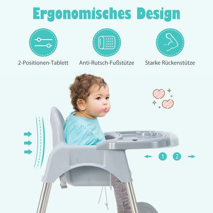 4 in 1 Baby High Chair Made of PP & Stainless Steel High Chair Convertible with Removable Double Tray Gray
