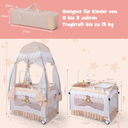 4-in-1 Baby Travel Cot with Canopy, Mattress, Pink