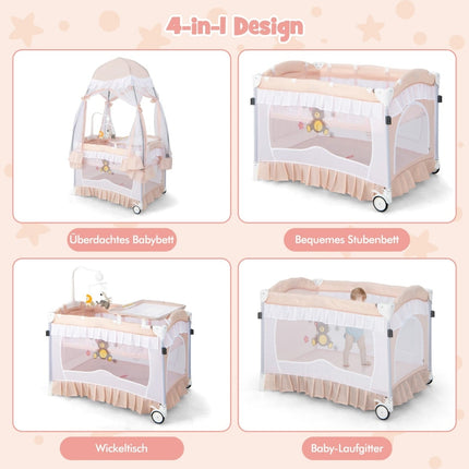 4-in-1 Baby Travel Cot with Canopy, Mattress, Pink