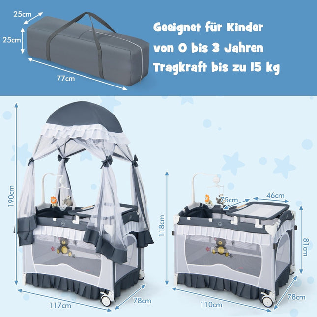 4-in-1 Baby Travel Cot with Canopy and Mattress, Grey