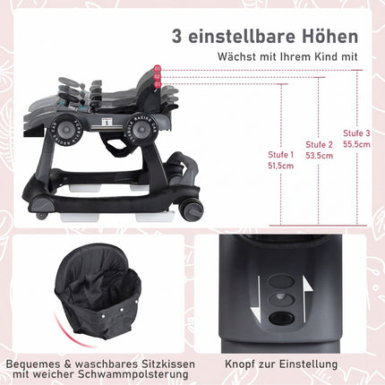 4-in-1 Baby Walker, Adjustable Height, Foldable, Dark Grey