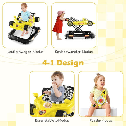 4 in 1 Baby Walker with Adjustable Height & Removable Play Tray Car Shaped Walker Yellow