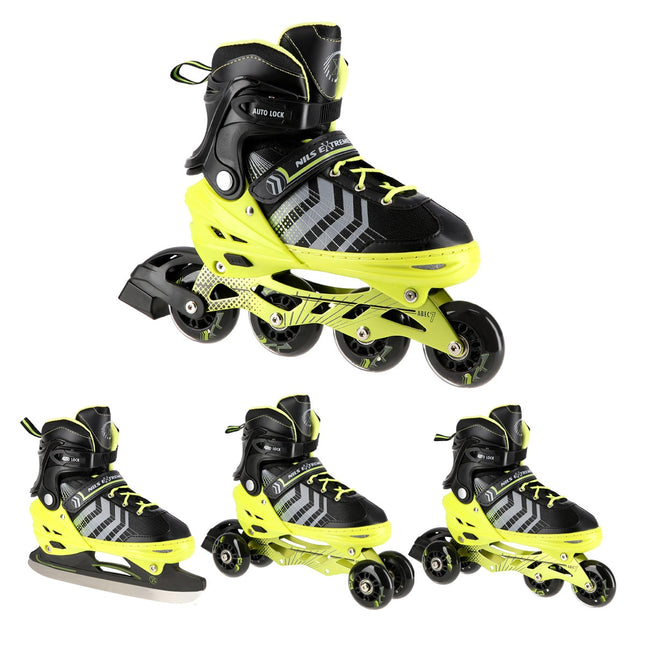 4-in-1 Black-Green Inline & Ice Skates, Size S (29-33)