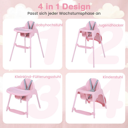 4-in-1 Convertible Baby High Chair with Adjustable Tray, Pink