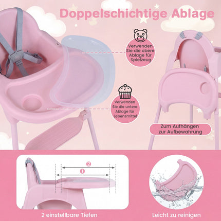4-in-1 Convertible Baby High Chair with Adjustable Tray, Pink