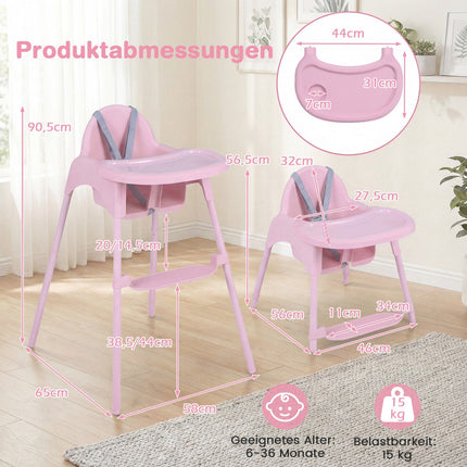4-in-1 Convertible Baby High Chair with Adjustable Tray, Pink