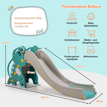 4-in-1 Dinosaur Slide Climbing & Sliding Playset for Babies with Basketball Hoop 188 x 65 x 80 cm