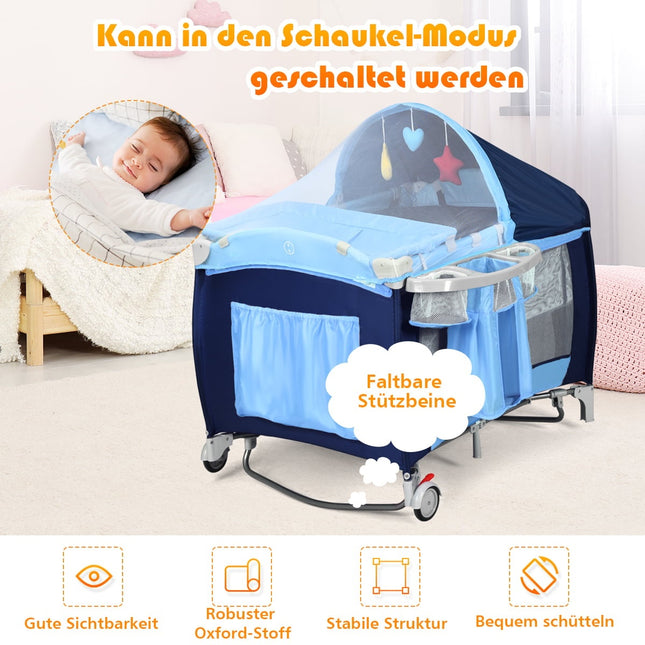 4-in-1 Foldable Baby Crib & Playpen with Canopy, Blue